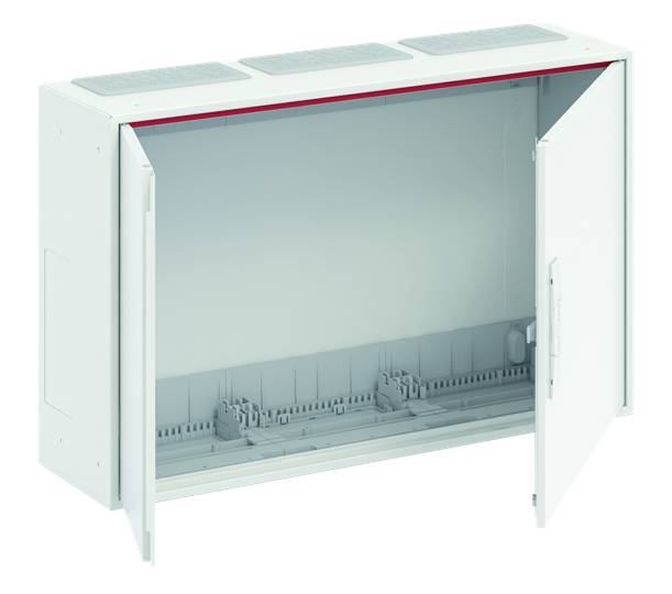 Ein offener weißer Verteilerkasten ohne sichtbare Kabel oder Geräte, ausgestattet mit Fächern im Inneren und zwei geöffneten Türen.