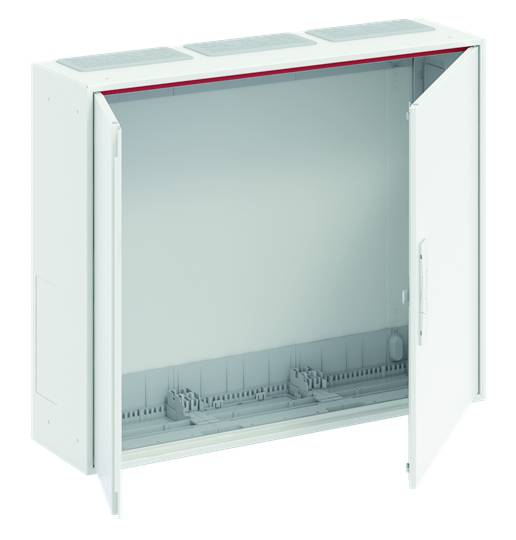 Ein weißer, rechteckiger Metallkasten mit zwei offenen Türen. Er ist leer und zeigt innen eine glatte Metallfläche und Halterungen.