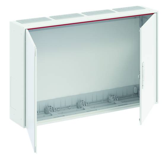 Weißer, offener Wandverteiler mit aufgeklappter Tür, enthält keine Geräte, geeignet zur Unterbringung und Organisation von Technik.