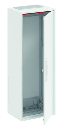 Ein weißer, offener Metallschrank steht aufrecht. Die Tür ist halb geöffnet und zeigt ein leeres Inneres. Geeignet für Lagerung.