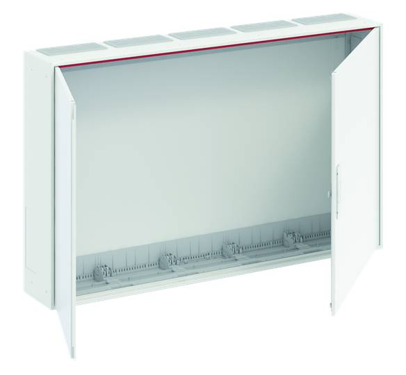 Metallverteilerschrank mit offenem Türflügel, zeigt leeren Innenraum für elektrische Verkabelung oder Netzwerkkomponenten.