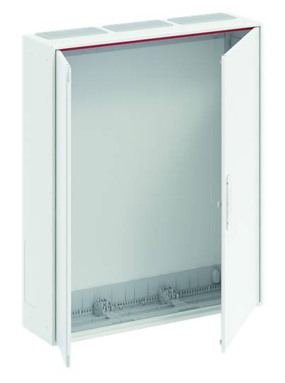 Ein weißer Schrank mit geöffneter Tür, freiliegendem Innenraum und Belüftungsschlitzen oben. Ideal für Elektroinstallationen.