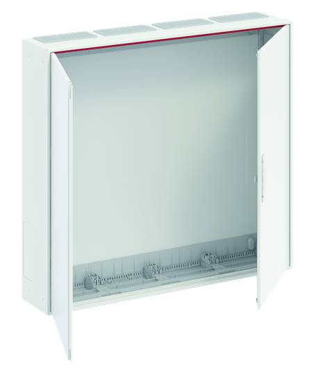 Metallverteilerschrank mit geöffneter Tür, zeigt leeren Innenraum. Geeignet für elektrische Installationen.