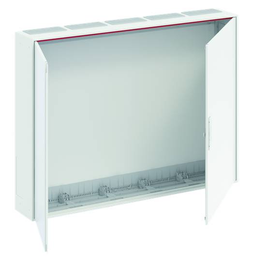 Offener, leerer Verteilerkasten aus Metall mit zwei nach außen geöffneten Türen, geeignet für Elektroinstallationen.