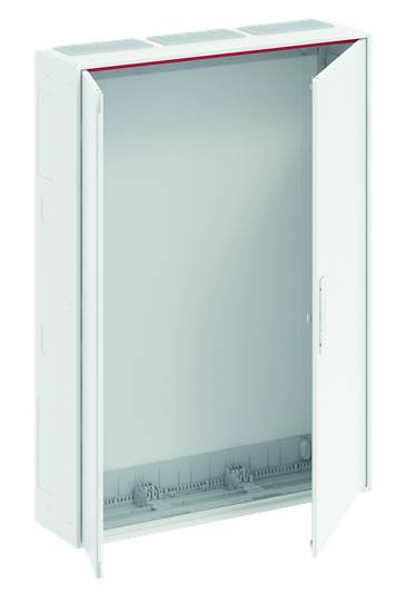 Ein geöffneter weißer Sicherungskasten an der Wand zeigt Innenraum mit freiem Platz für elektrische Schaltkreise.