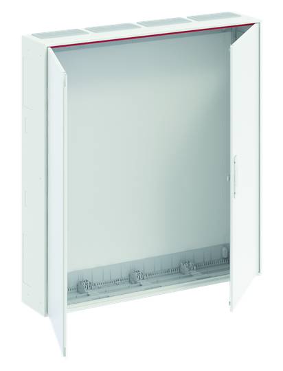 Ein geöffneter, weißer Verteilerkasten mit zwei Türen, geeignet zur Installation elektrischer Komponenten, Sicht auf die leeren Befestigungen.