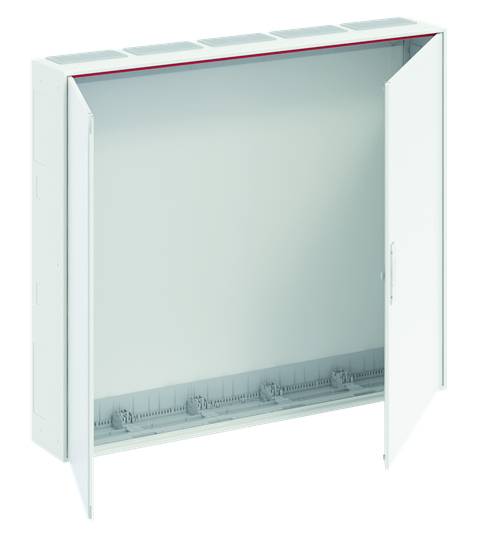 Ein geöffneter, rechteckiger Verteilerkasten mit sichtbarer Halterung an der Unterseite.