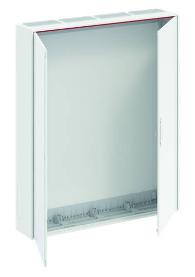 Weißer Verteilerkasten mit geöffneten Türen, freier Innenraum, geeignet für die Installation von elektrischen Komponenten.