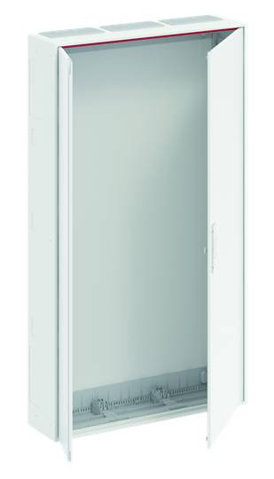 Weißer Metallschrank mit geöffneter Tür, zeigt leeren Innenraum mit Halterungen an der Unterseite. Designed für Installationen.