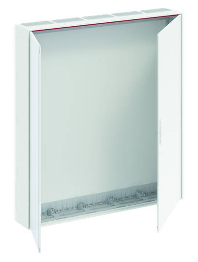 Offener grauer Verteilerkasten mit sichtbaren Innenfächern, geeignet für Elektroinstallationen. Rechte Tür leicht geöffnet.