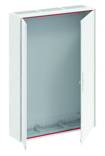 Grauer Schaltschrank mit geöffnetem Türflügel, zeigt leeren Innenraum ohne installierte Komponenten. Geeignet für elektrische Installationen.