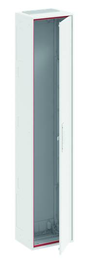 Hoher, schmaler Metallschrank mit einer offenen Tür. Der Innenraum ist leer, und die Struktur ist schlicht mit roten Akzenten an den Kanten.