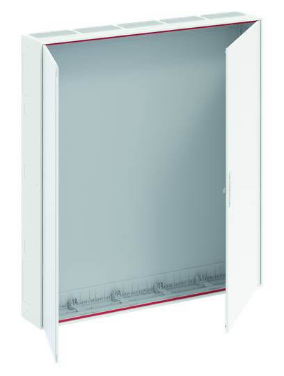 Weißer, rechteckiger, offener Metallverteilerkasten mit umgeschlagenem Türflügel, geeignet zur Wandmontage.