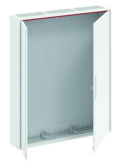 Ein geöffneter, weißer Metallschrank mit zwei Türen, montiert an der Wand, zeigt ein leeres graues Inneres ohne Regale.