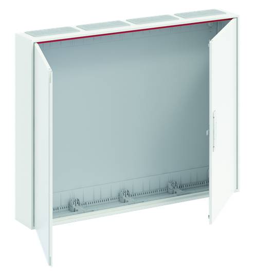 Offener weißer Schaltschrank mit zwei geöffneten Türen und leerem Innenraum. Geeignet für elektrische Installationen.