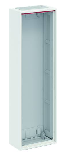 Ein leerer, vertikaler, weißer Gehäuseschrank mit hellblauem Innenraum, geeignet für Installationen oder technische Geräte.