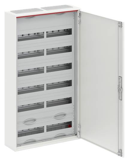 Ein geöffneter elektrischer Verteilerkasten mit mehreren leeren Schienen zur Aufnahme von elektrischen Bauteilen.