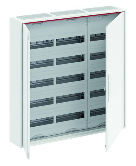 Ein geöffneter Verteilerkasten mit mehreren leeren Schienen zur Montage von elektrischen Komponenten, die Vorderseite ist aufgeklappt.