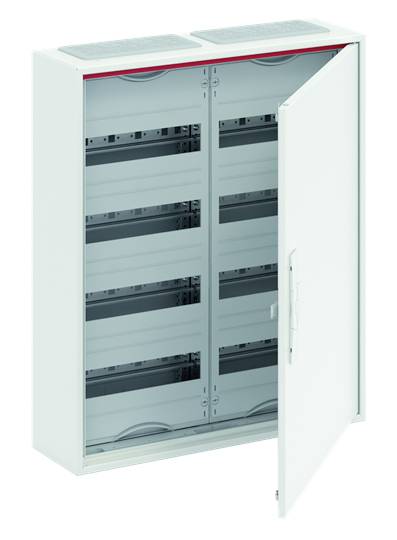 Ein geöffneter Verteilerkasten mit mehreren Reihen für elektrische Komponenten. Die Tür steht leicht offen und zeigt leeren Innenraum.