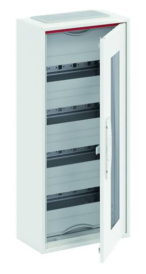 Ein weißer Schaltschrank mit Glastür steht offen, zeigt vier Reihen von Befestigungsschienen für elektrische Komponenten.