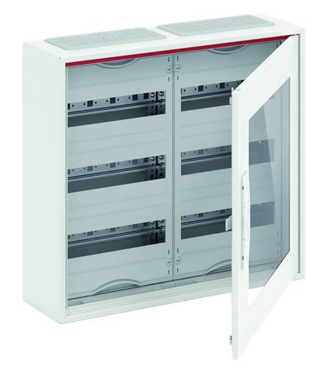 Ein geöffneter Verteilerkasten mit mehreren horizontalen Fächern und einer durchsichtigen Glastür.