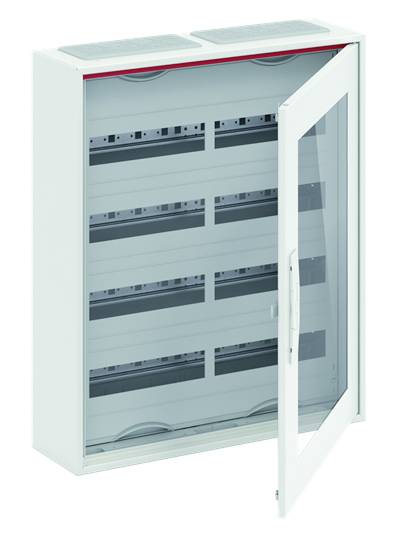 Ein geöffneter Verteilerkasten mit transparentem Tür ermöglicht einen Blick auf die leeren Installationsebenen im Inneren.