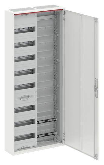 Ein weißer Schaltschrank mit geöffneter Tür, zeigt mehrere leere Fächer und Halterungen für elektronische Komponenten.