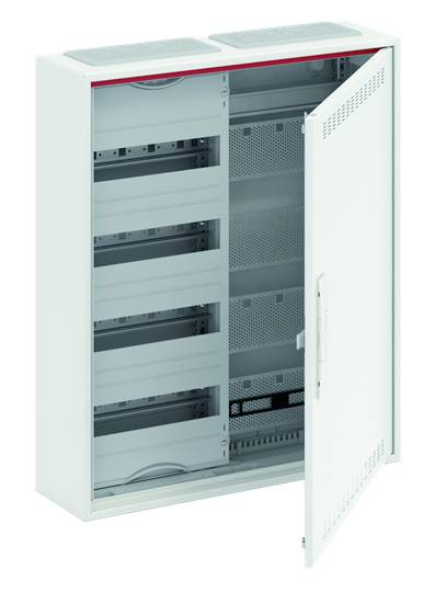 Weißer, geöffneter Metallschrank mit mehreren Fächern. Verwendet für elektronische Komponenten oder Verkabelung.