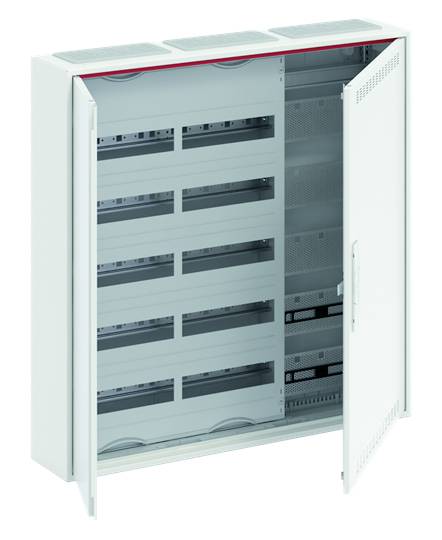 Ein offener, leerer Sicherungskasten mit mehreren horizontalen Einschüben und einer geöffneten Tür, geeignet zur Installation elektrischer Komponenten.