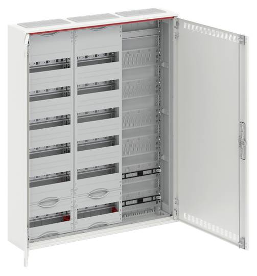 Ein geöffneter Verteilerkasten mit mehreren Einbauschächten und Kabeln, geeignet für elektrische oder netzwerkbezogene Anwendungen.