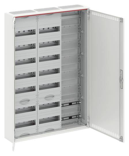 Geöffnetes elektrisches Schaltschrank, zeigt leere Fächer zur Installation von Komponenten, geeignet für industrielle Nutzung.