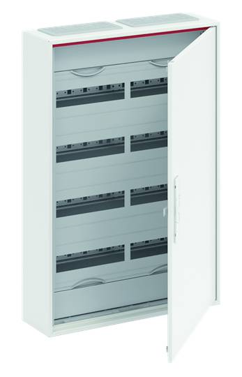 Ein geöffneter Verteilerkasten mit mehreren horizontalen Reihen für elektrische Komponenten.