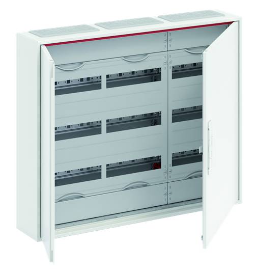 Ein geöffneter Schaltschrank mit einer Tür zeigt mehrere leere Fächer für die Installation elektrischer Komponenten.