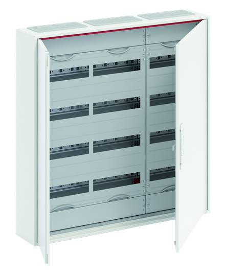 Geöffneter Verteilerkasten mit mehreren leeren Steckenplätzen. Türen sind teilweise geöffnet, zeigt Innenansicht zur Installation.