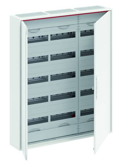 Elektrischer Schaltschrank mit geöffneter Tür, zeigt mehrere horizontale Fächer für elektrische Bauteile und Kabelmanagement.