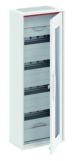 Offener Schaltschrank mit mehreren leeren Fächern. Türen mit transparentem Fenster. Geeignet für elektrische Installationen.