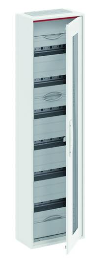 Ein leerer, geöffneter Schaltschränk, ausgelegt für mehrere Steckplätze. Weißes Gehäuse mit durchsichtiger Tür.