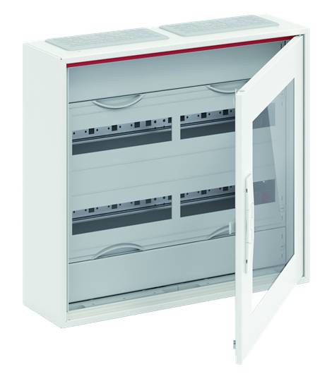 Ein geöffneter Verteilerkasten mit mehreren Reihen für elektrische Komponenten, klarem Glastürrahmen und einem robusten Gehäuse.