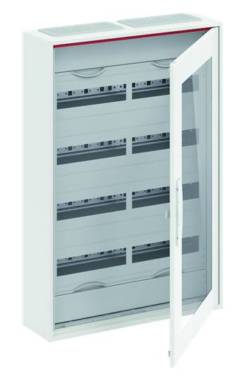 Ein geöffneter Verteilerkasten mit mehreren Reihen für elektrische Komponenten. Die Tür ist aus Glas und zeigt das Innere des Kastens.