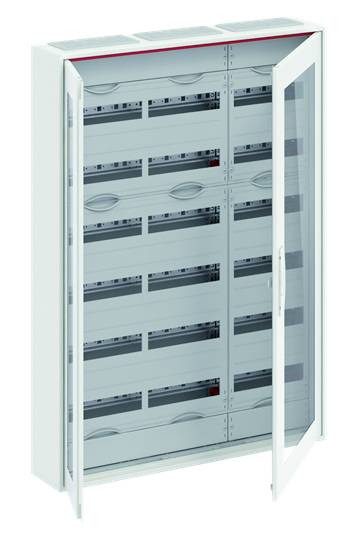 Ein offener Schaltkasten mit zahlreichen Regalen und Fächern. Die Glastür ist vollständig geöffnet und zeigt den Innenraum.