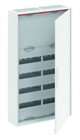 Elektrischer Schaltschrank mit geöffneter Tür, zeigt mehrere Reihen von Montageschienen für elektrische Komponenten.