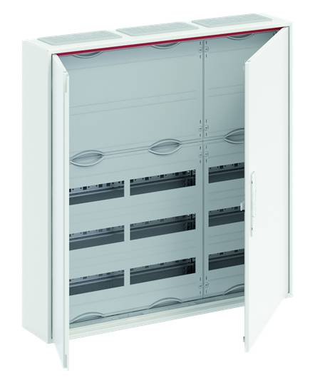 Zweiflächiger weißer Verteilerkasten mit offenen Türen, zeigt leere Innenschienen und Fächer für elektrische Anschlüsse.