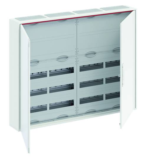 Ein offener Verteilerkasten mit mehreren Reihen für elektrische Bauteile. Die Tür ist teilweise geöffnet, um das Innere zu zeigen.