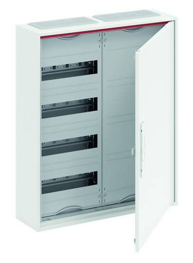 Weißer geöffneter Verteilerkasten mit mehreren Einbauplätzen und Lüftungsschlitzen oben.