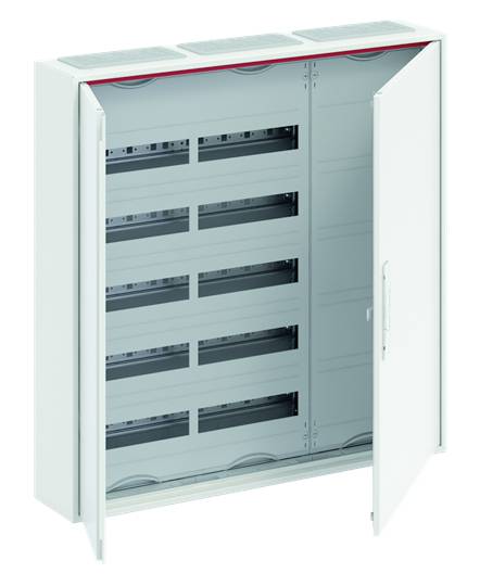 Offener weißer Schaltschrank mit mehreren horizontalen Fächern zur Organisation von elektrischen Komponenten.