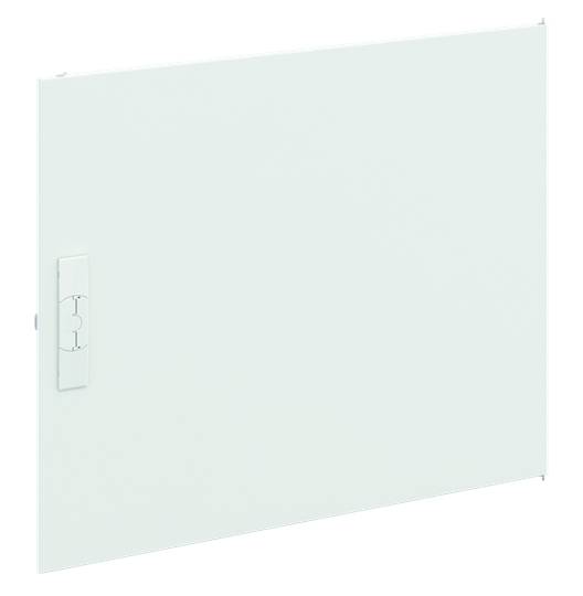 Ein weißer, rechteckiger Metallabdeckung für einen Wandverteilerkasten. Links befindet sich ein Griff mit Schließmechanismus.