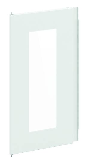 Weiße Tür mit großem rechteckigem Glaseinsatz in der Mitte.