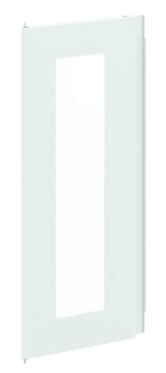 Hellgraue Schranktür mit großem rechteckigem Glasfenster in der Mitte, passend für moderne Einrichtungsstile.