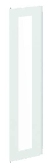 Türfront mit rechteckigem Glaseinsatz, vertikal ausgerichtet. Weiße Rahmenfarbe.
