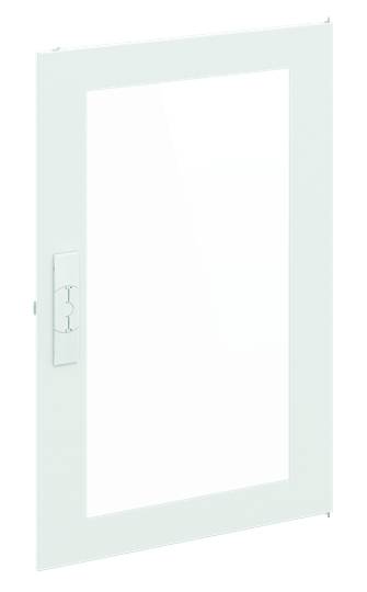 Eine weiße Tür mit einem quadratischen Fenster und einem silbernen Griff.